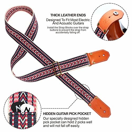 Cool Woven Guitar Strap-Cotton Guitar Straps with Leather Ends for Acoustic, Bass, Electric
