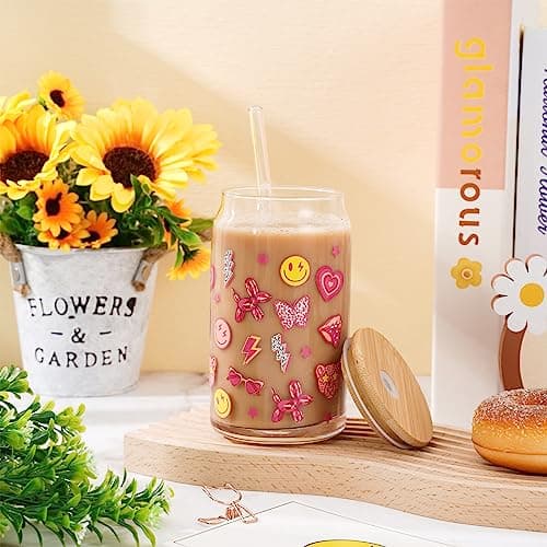 Preppy Glass Beer Can Glasses Set for Iced Coffee and Cocktails- 16oz with Accessories