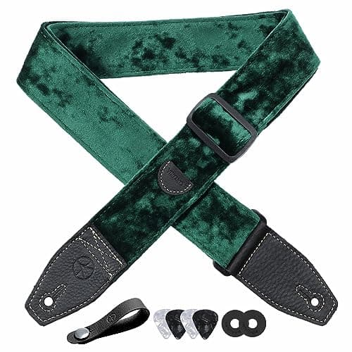 2 Inch Velvet Guitar Strap with Full Grain Leather Ends - Bass, Electric & Acoustic Compatible — Green