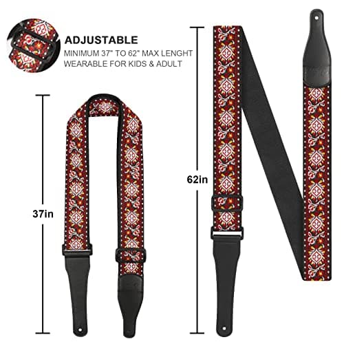 Jacquard Embroidered Cotton Guitar Strap with Leather Ends for Bass, Acoustic, Electric