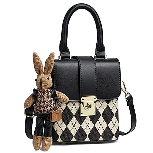 RTGGSEL Quilted Lattice Shoulder Bag for Women with Bunny Pendant — Quilted Black