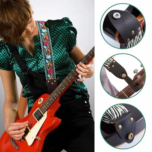 Vintage Jacquard Embroidery Cotton Guitar Strap with Leather Ends for Electric and Acoustic Guitars