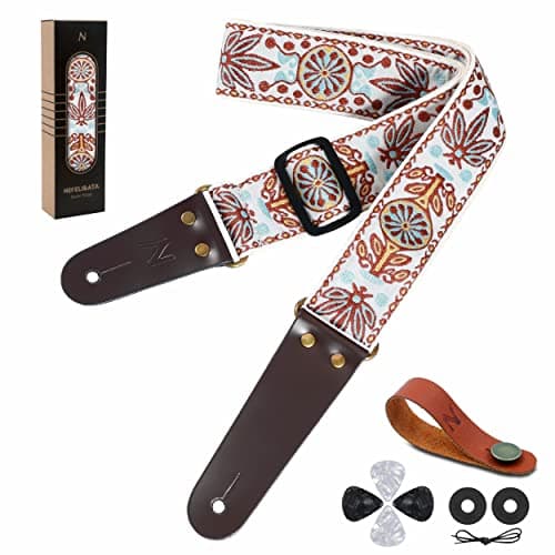 Nefelibata Embroidered Cotton Guitar Strap with Cowhide Ends (Saffron) — G# - White Vintage Woven