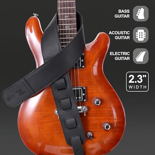 Guitar Strap for Bass, Electric and Acoustic Guitars - Wide Leather Strap (Black)
