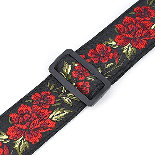 CloudMSUSIC Red Rose Jacquard Embroidered 2" Wide Guitar Strap for All Ages