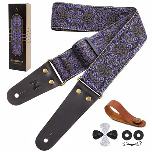 Vintage Embroidered Nefelibata Guitar Strap with Cowhide Ends, 1 Pair Locks & Picks