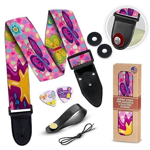 Adjustable Pink Woven Guitar Strap for Acoustic, Electric & Bass Guitars Free Bonus Picks & Locks