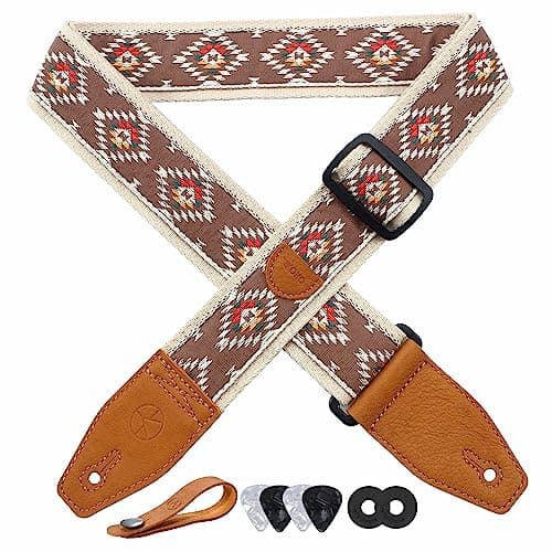 Floral Cotton Guitar Strap 2" Full Grain Leather Ends, Bass/Electric/Acoustic, Free Button & Picks — Brown Diamond