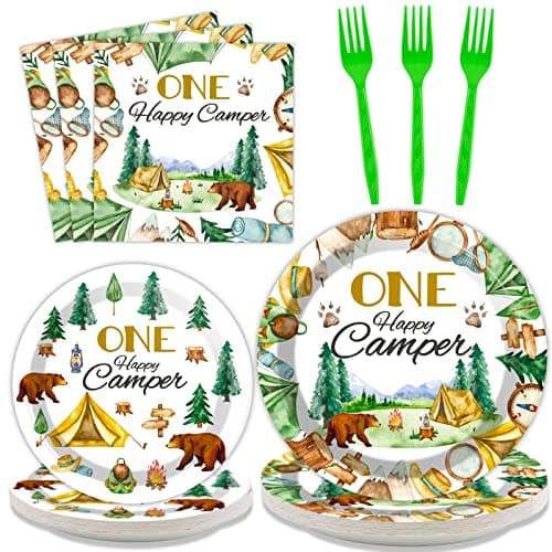 Tevxj One Happy Camper 96PCS Tableware Set for 1st Birthday Party
