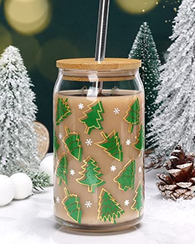 Christmas Cup with Bamboo Lid and Metal Straw 16oz Beer Can Glass - Holiday Party Gifts for Office, Women, Kids, Men