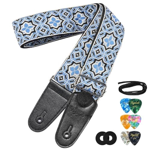 Jacquard Embroidery Bass Strap, 2" Wide Cotton with Leather Ends & Locks — Purple