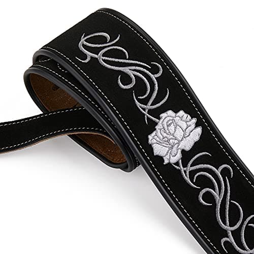 Amumu Black Suede Leather Flower Embroidered Guitar Strap — Flower Embroidered