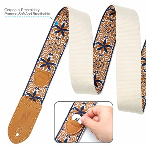 Nefelibata Vintage Woven Guitar Strap, Double Leather Ends, Vintage Blue Gold Embroidery-Free Bonusurities