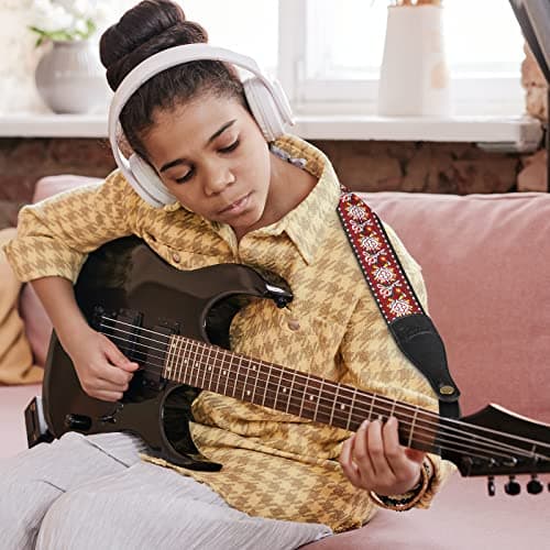 Jacquard Embroidered Cotton Guitar Strap with Leather Ends for Bass, Acoustic, Electric