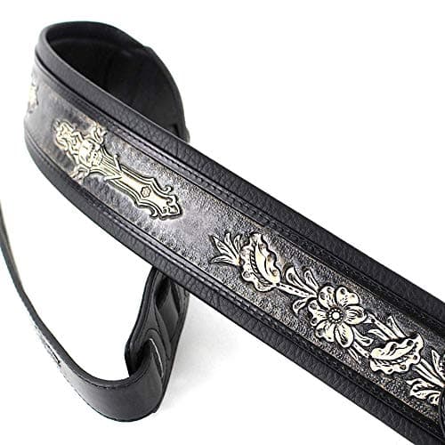 Walker and Williams KB-02-BLK Distressed Black Floral Skull Leather Guitar Strap