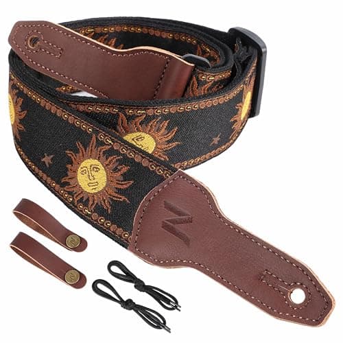 Nefelibata Banjo Strap, 2 Wide Double Full Grain Cowhide Guitar Strap - Small Flower Embroidery — Sun God Embroidery