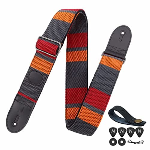 Nefelibata Guitar Strap with Pick Pocket for Bass, Electric, and Acoustic Guitars — Red&black Stripes