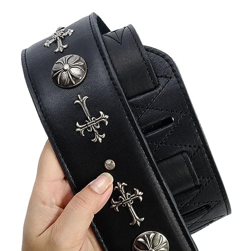 Nefelibata Leather Guitar Strap with Foam Padding and Cross Silver Rivets