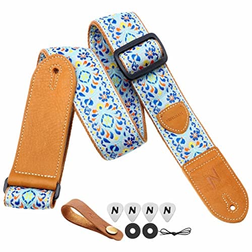 Vintage Yellow Embroidered Guitar Strap Set - Best Gift for Guitarists — B#-vintage Pale Blue Embroidery