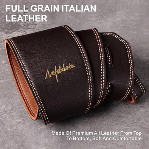 Nefelibata Full Grain Leather Guitar Strap, 49-57", Foam Padded, Adjustable, Coffee