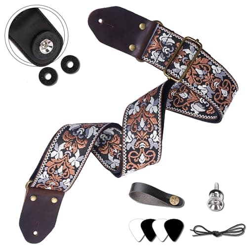 Embroidered Cotton Guitar Strap with Leather Ends for Bass and Electric Guitar — Brown