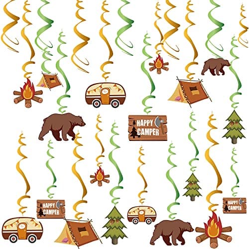 Happy Camper Party Hanging Swirls Decor, Adventure Bears Sign for Kids