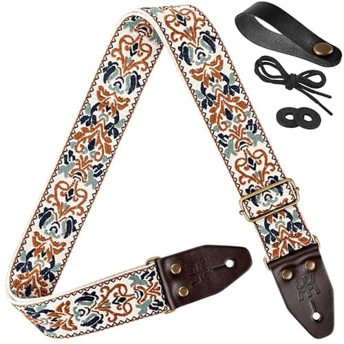 Amumu Black Brown Spade Heart Embroidery Vintage Guitar Strap — Beige Brown Spades Heart