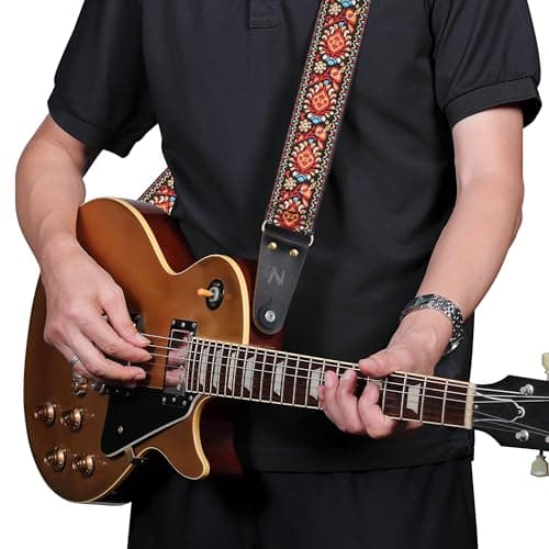 Nefelibata Embroidered Cotton Guitar Strap with Cowhide Ends (Saffron)