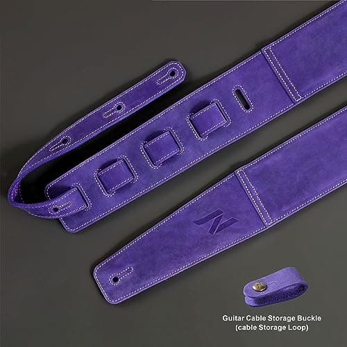 3 Guitar Strap in First Layer Leather with Foam Padding and Cable Storage Loops for Bass, Electric and Acoustic Guitars