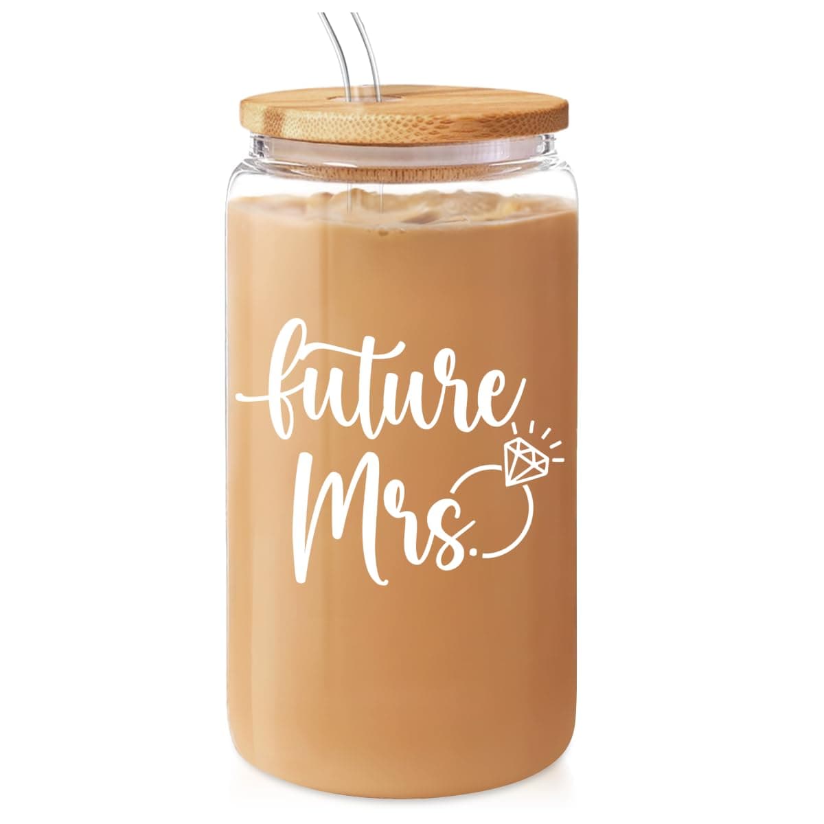 Future Mrs Glass Coffee Cup with Bamboo Lid and Straw - Bridal Shower Gift for Bride-to-be