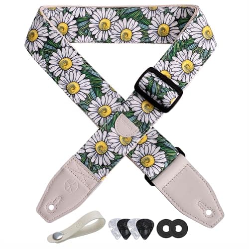 Floral Cotton Guitar Strap 2" Full Grain Leather Ends, Bass/Electric/Acoustic, Free Button & Picks — White Daisy