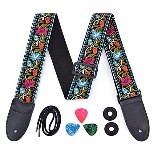 Vintage Classical Pattern CloudMusic Guitar Strap with Leather Ends — Blue Pink Flower
