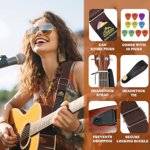 EASTROCK Adjustable Brown Leather Guitar Strap Set with Picks Holders