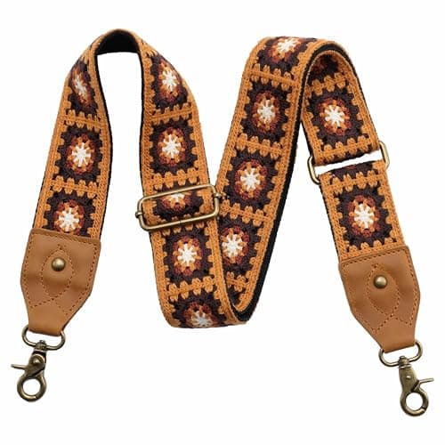 Nefelibata Purse Strap: Adjustable Leather Shoulder Replacement — Yellow Knit Embroidery