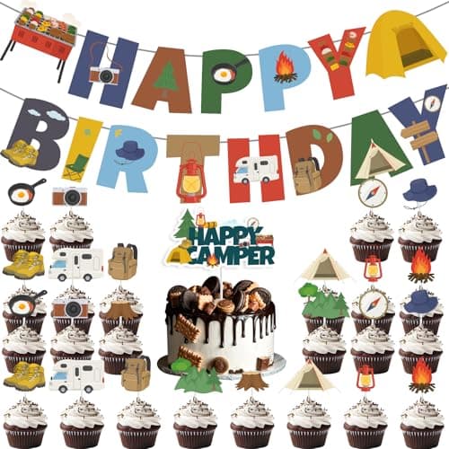 Camping Birthday Banner & Cake Topper Kit - Red, Orange, Brown, Green, Blue - 26 Pieces