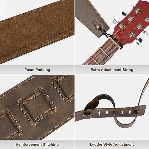 Brown Leather Guitar Strap, 3" Wide Comfortable Foam Padded, Adjustable 51-57", Strap Locks & Picks, for Bass/Electric/A