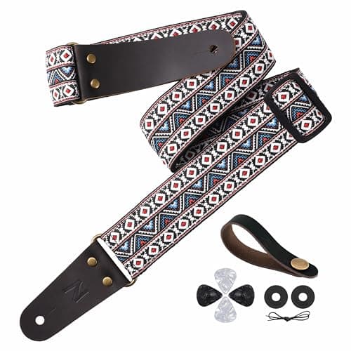 Embroidered Guitar Strap with Leather Ends & Pocket, for Bass & Electric Guitars — White Diamond