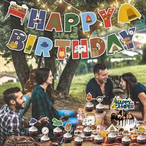 Camping Birthday Banner & Cake Topper Kit - Red, Orange, Brown, Green, Blue - 26 Pieces