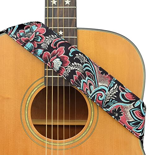Vintage Classical Pattern CloudMusic Guitar Strap with Leather Ends — Embroidered Flowers in Black