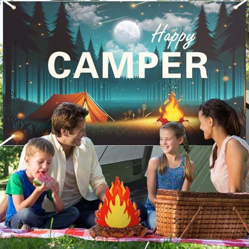 3Pcs Camping-Themed Party Decorations: Happy Camper Banner & Fake Campfire Centerpiece