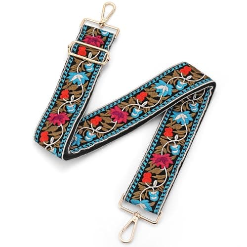 MIRIFRIGE Wide Embroidery Crossbody Bag Strap Floral Canvas — Blue Pink