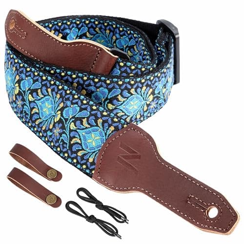 Nefelibata Banjo Strap, 2 Wide Double Full Grain Cowhide Guitar Strap - Small Flower Embroidery — Blue Flower Embroidery