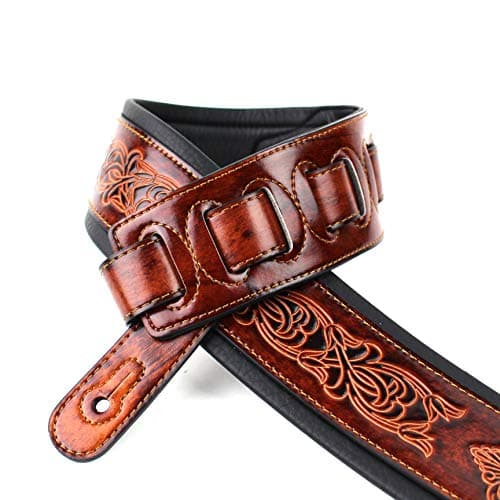Walker And Williams Bourbon Brown Padded Guitar Strap with Fleur De Lis Design