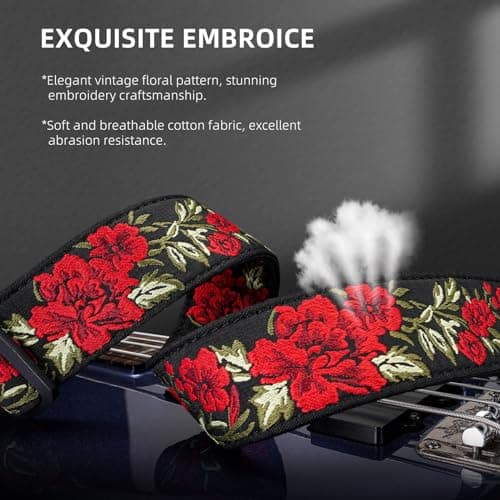 LEKATO Rose Embroidered Floral Bass Strap with Pick Holder (Red)