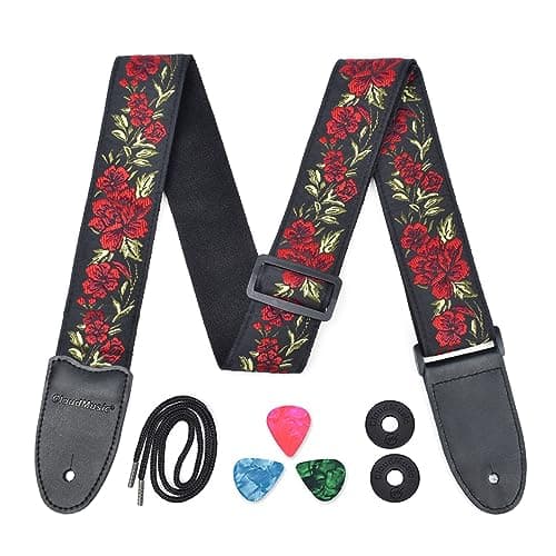 Vintage Classical Pattern CloudMusic Guitar Strap with Leather Ends — Red Rose
