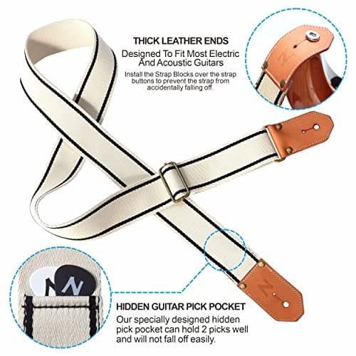 Nefelibata Cool Woven Guitar Strap - Cotton with Thickened Leather Ends (Melk Wit)
