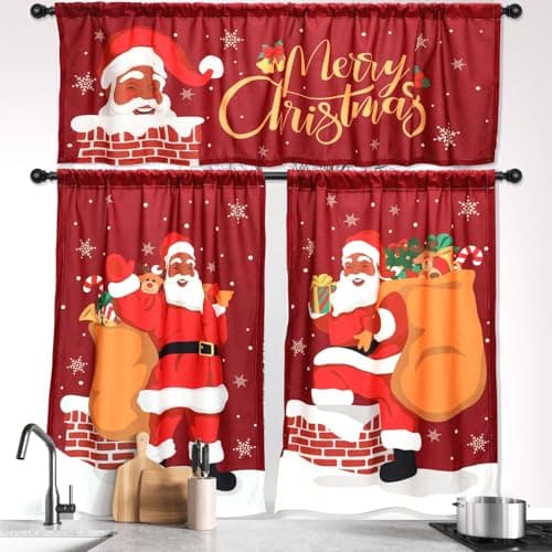 Nefelibata Black Santa Christmas Kitchen Curtains for African American Decor – Set of 2 Panels and 1 Tier Valance