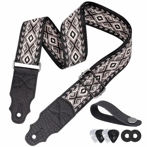 Head Layer Cowhide Leather Guitar Strap, 2" Wide, 2 Locks, 4 Picks Included — Black