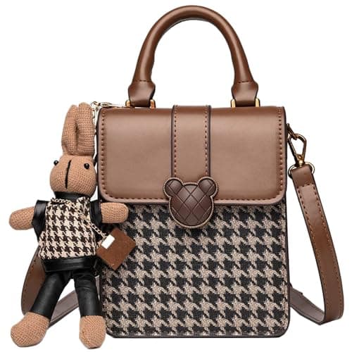 RTGGSEL Quilted Lattice Shoulder Bag for Women with Bunny Pendant — Square Houndstooth Mouse