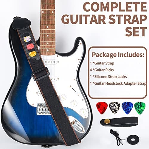 WOGOD Acoustic Electric & Bass Guitar Strap with 3 Picks Holder Ends